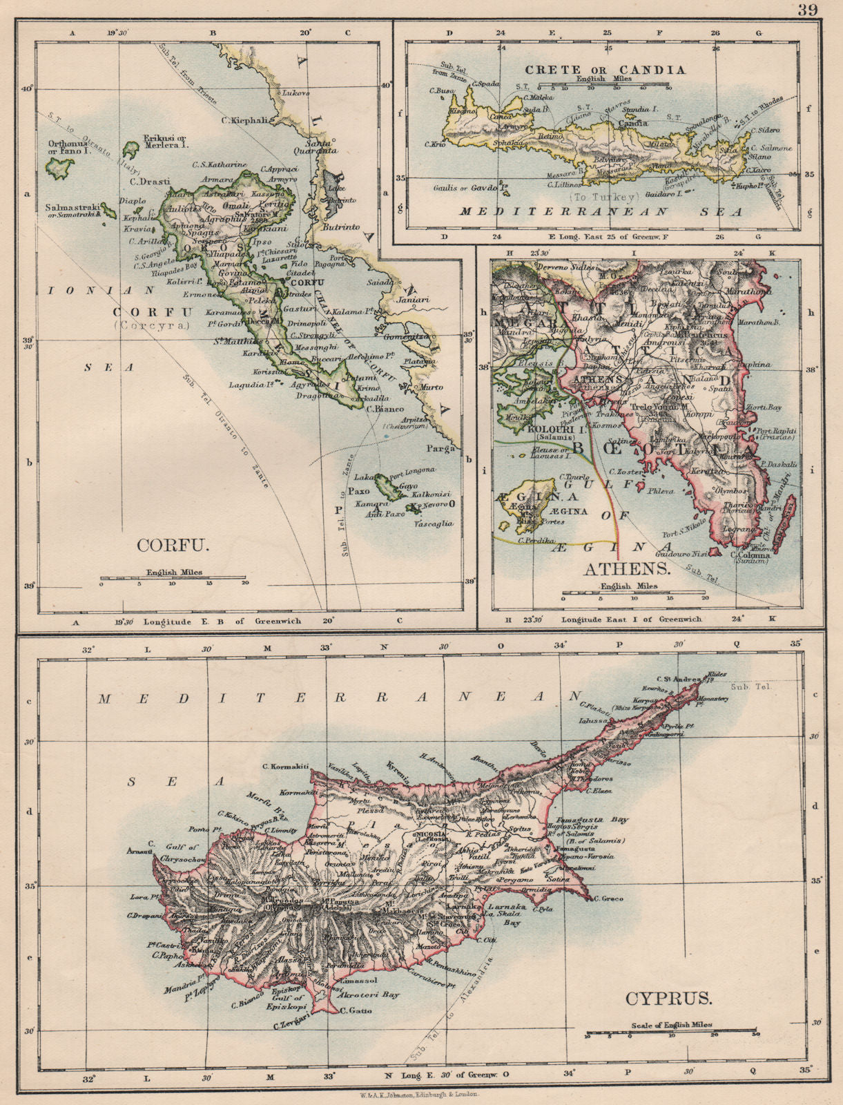 ATHENS & GREEK ISLANDS. Corfu Crete Cyprus Candia.Greece. JOHNSTON 1895 map